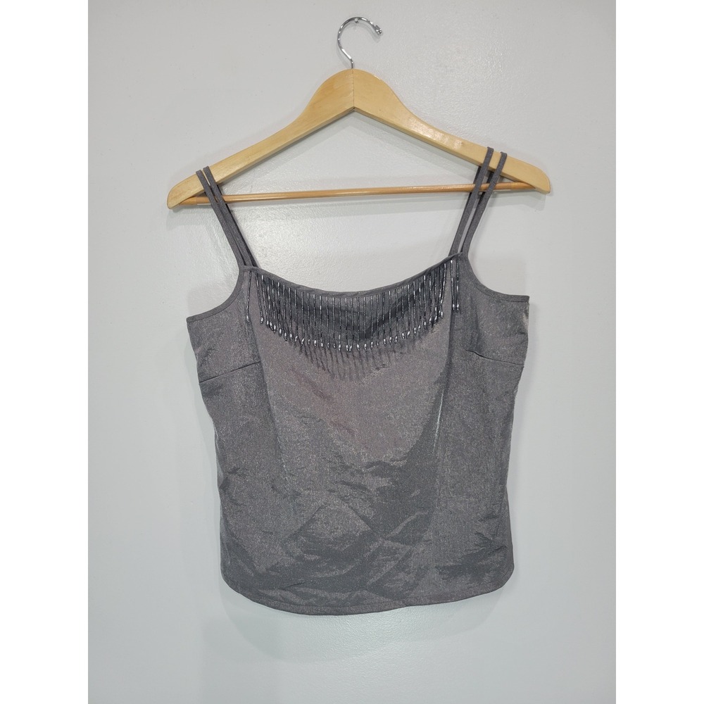 Together! Vintage Y2K Metallic Silver Beaded Fringe Camisole Top 10 Double Strap
